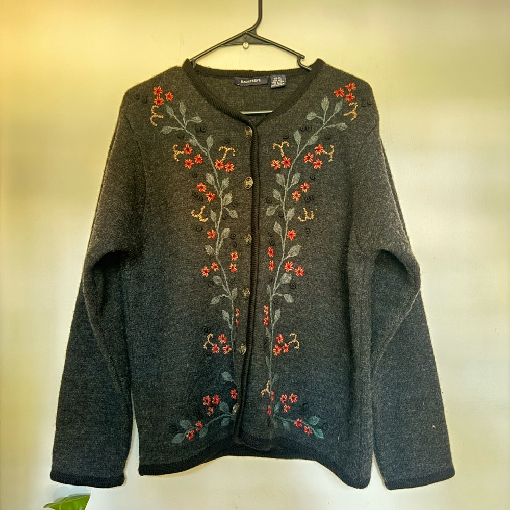 Wool Embroidered Charcoal Gray Sweater cardigan